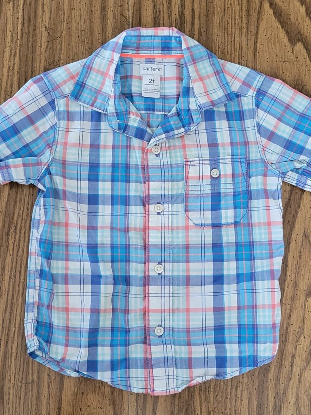 Carter’s Boys 2T Plaid Button Up Shirt Blue Coral Short Sleeve